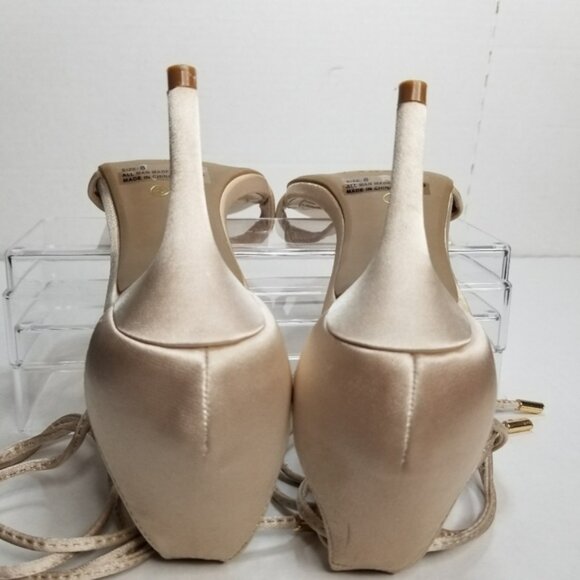 Lulus Ankle Strappy Sz 8 Lace Up Satin Pearl Open Toe Formal Party 3" Heels Date - Picture 6 of 11